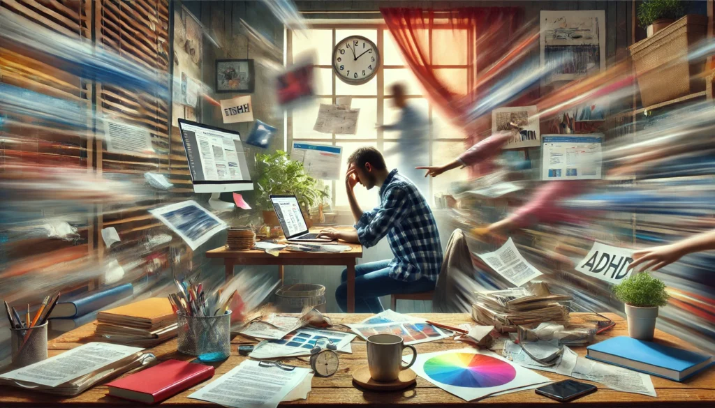 A-photorealistic-image-depicting-ADHD-showing-a-person-in-a-cluttered-room-with-multiple-tasks-and-distractions-surrounding-them