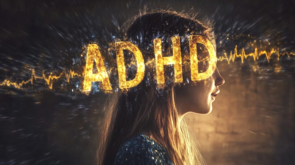 Conceptual image of woman with "ADHD" graphic